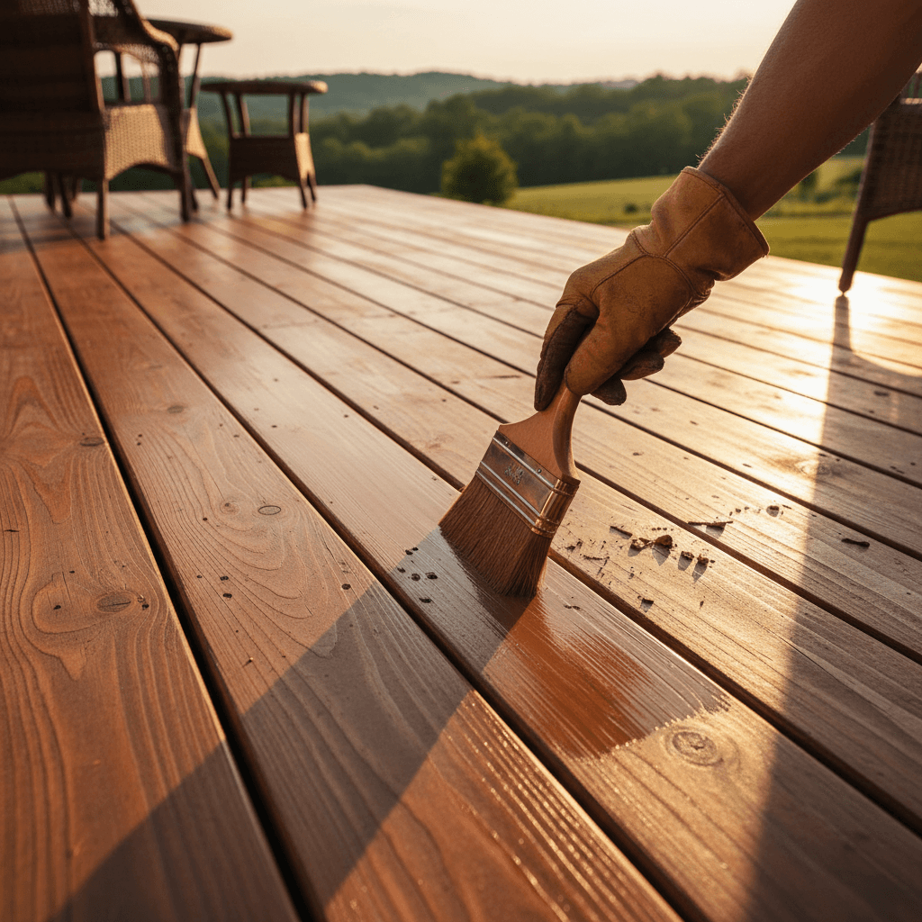 Overhead view of deck being stained with rich golden-hour lighting