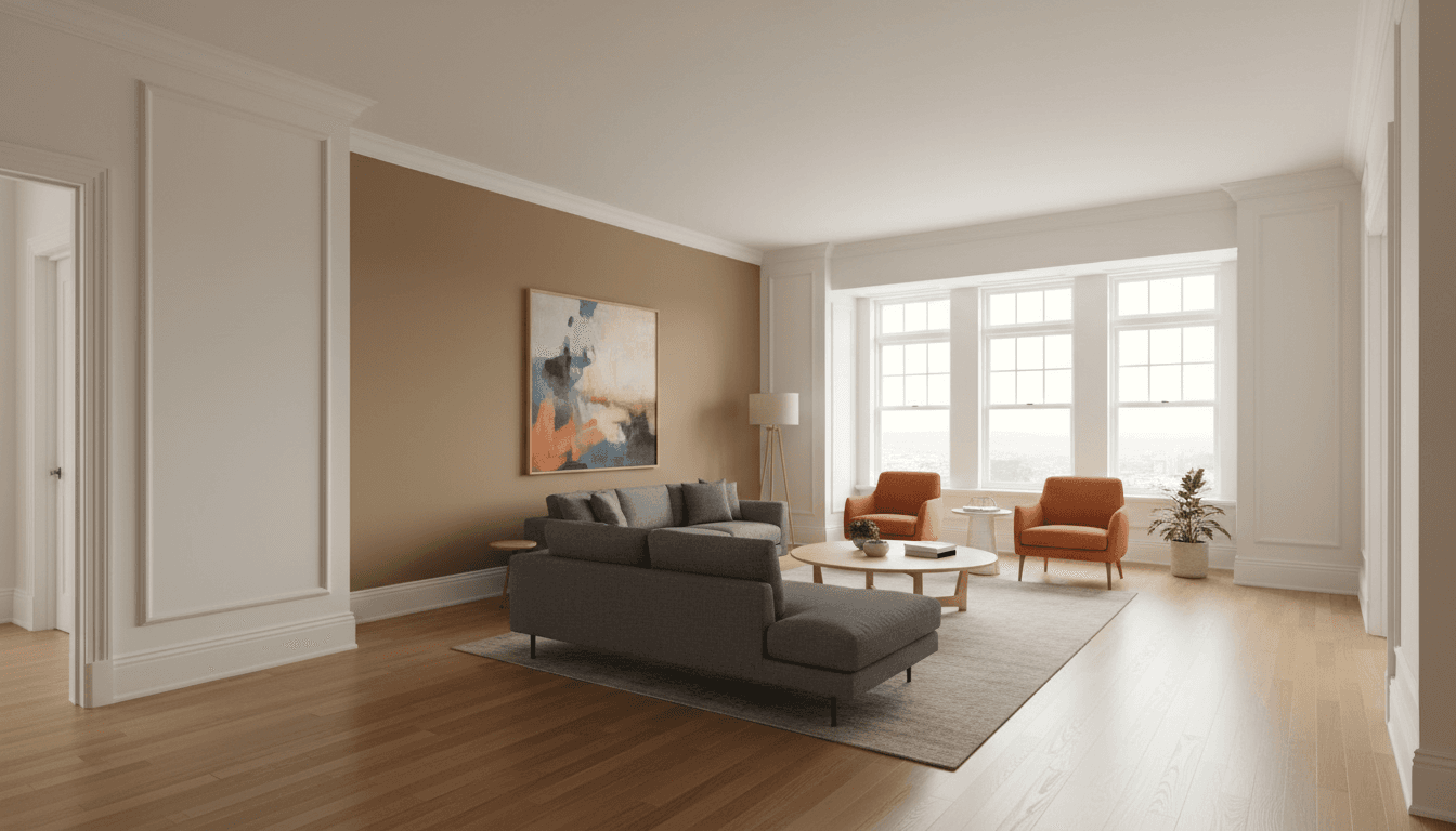 Freshly painted residential living room with accent wall and professional trim finish in warm, modern aesthetic