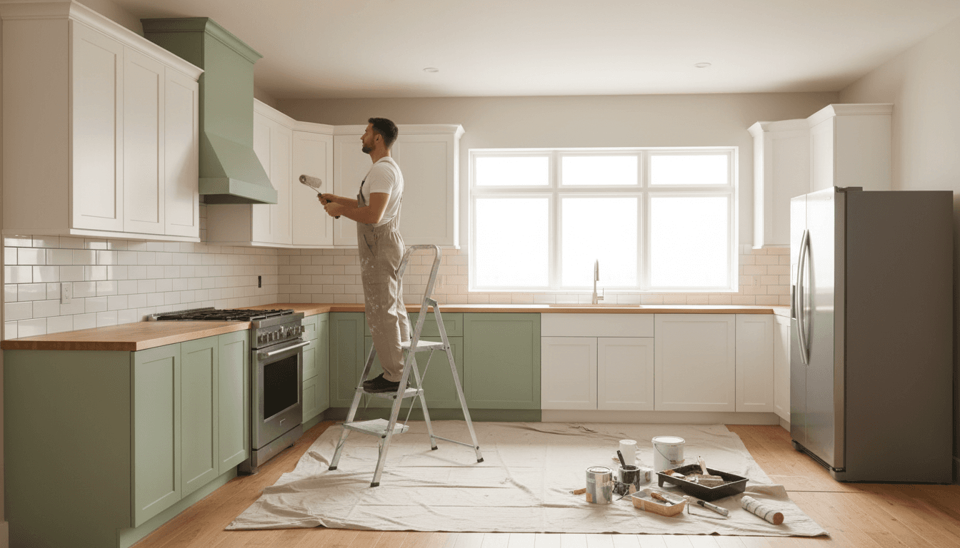 Professional painter applying fresh sage-green paint to kitchen cabinetry in modern residential kitchen with natural light