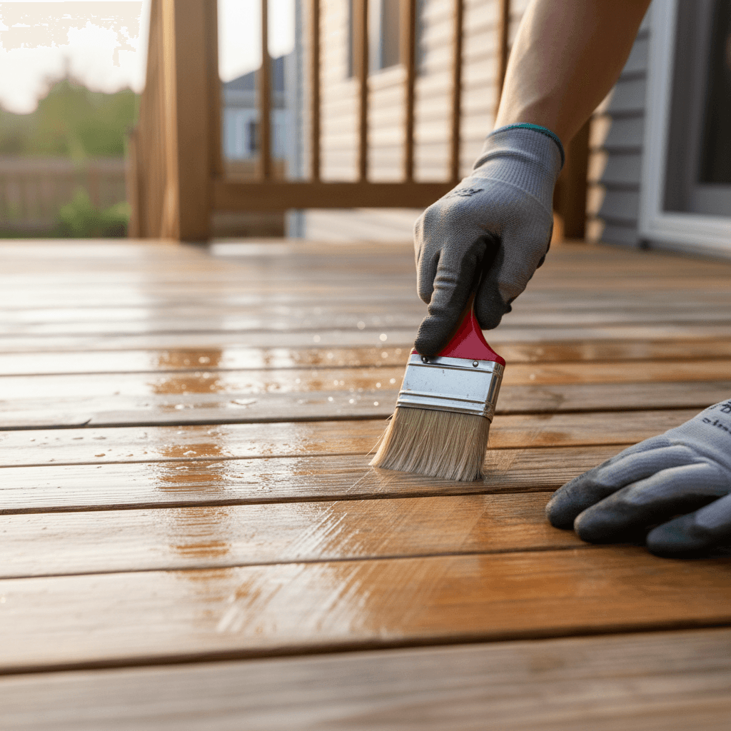 Contractor's hands applying clear protective sealant to weathered wooden deck boards with professional brush